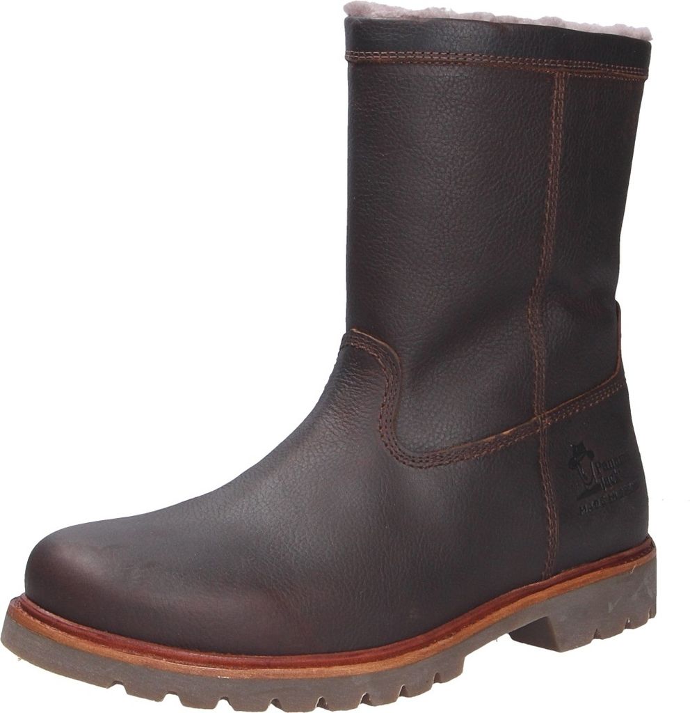 A single brown leather boot with a fur lining is shown against a white background.