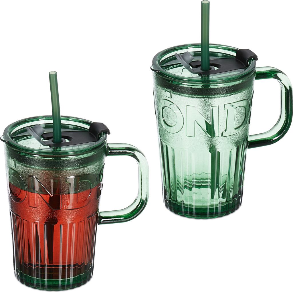 Relaxdays Trinkgläser 2er Set, Getränkebecher mit Deckel & Produktbild 