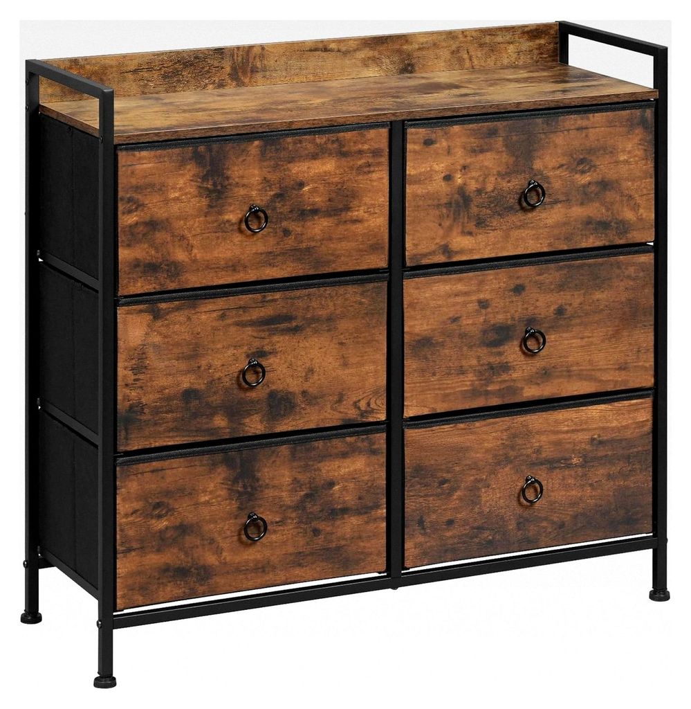 Kommode mit 6 Stoffschubladen, Aufbewahrungsschrank für Schlafzimmer, Wohnzimmer und Flur, Metallrahmen, Industrial Stil, Vintagebraun Schwarz