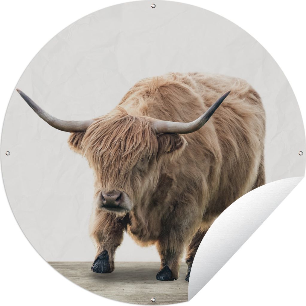 MuchoWow Gartenposter Outdoor-Poster Rund Schottischer Highlander - Tiere - Holz - Jungen - Kinder - Kinder Ø 60 cm Gartendeko Rundes Poster dra...