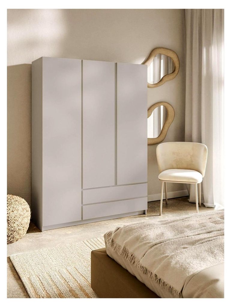 Moderner Kleiderschrank mit 3 Türen für das Kinderzimmer, 150 cm breit, Push-to-Open, inkl. Kleiderstange, 12 Regale, 2 Schubladen