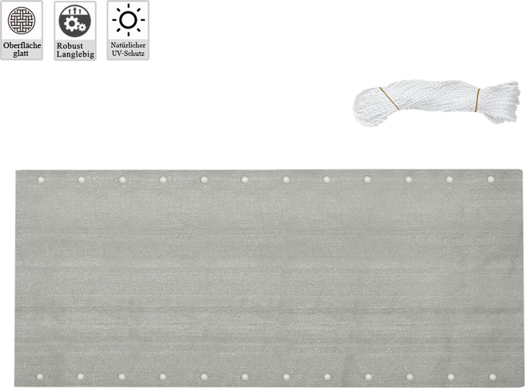 A grey privacy screen with grommets and a bundle of white rope against a white background.