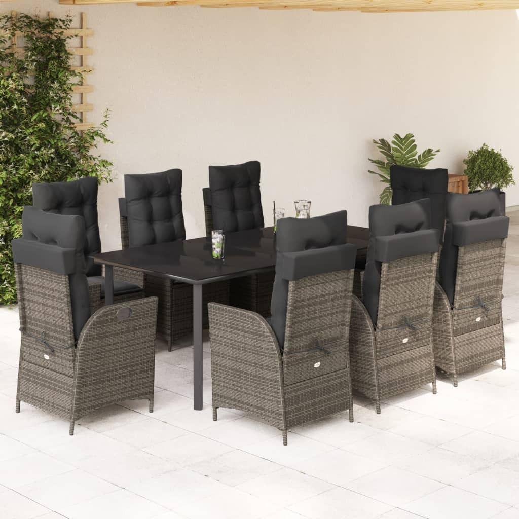 Maison Exclusive - 9-tlg. Garten-Essgruppe mit Kissen Grau Poly Rattan