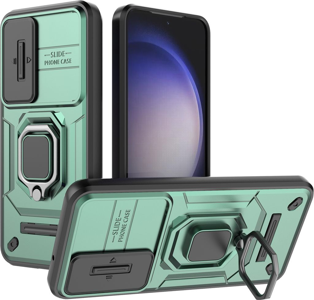 Hülle für Samsung Galaxy S23 Dual Layer Handyhülle Schiebe Kamera Schutz und Ringhalter Ständer Grün