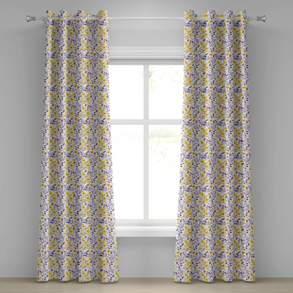 ABAKUHAUS Tenda con occhielli a fiori, motivo con fiori e foglie, fogliame primaverile, stampa artistica rurale, tende decorative a 2 pannelli, 280 cm x 225 cm, bianco, giallo, viola