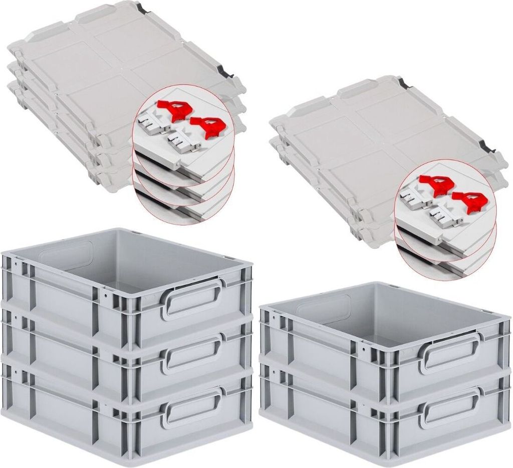 SuperSparSet 5x Eurobox NextGen Grip mit Scharnierdeckel und roten Schiebeschnappverschlüssen | HxBxT 12x30x40cm | 11 Liter | Griffe geschlossen |...
