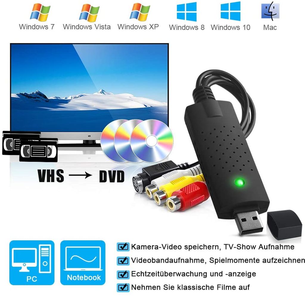 Audio Video Konverter Software PotPlayer VHS CSL Filme und Videos digitalisieren Videoadapter zur Bearbeitung-Nachbearbeitung PAL NTSC Umwandler USB High Speed Videograbber Grabber 