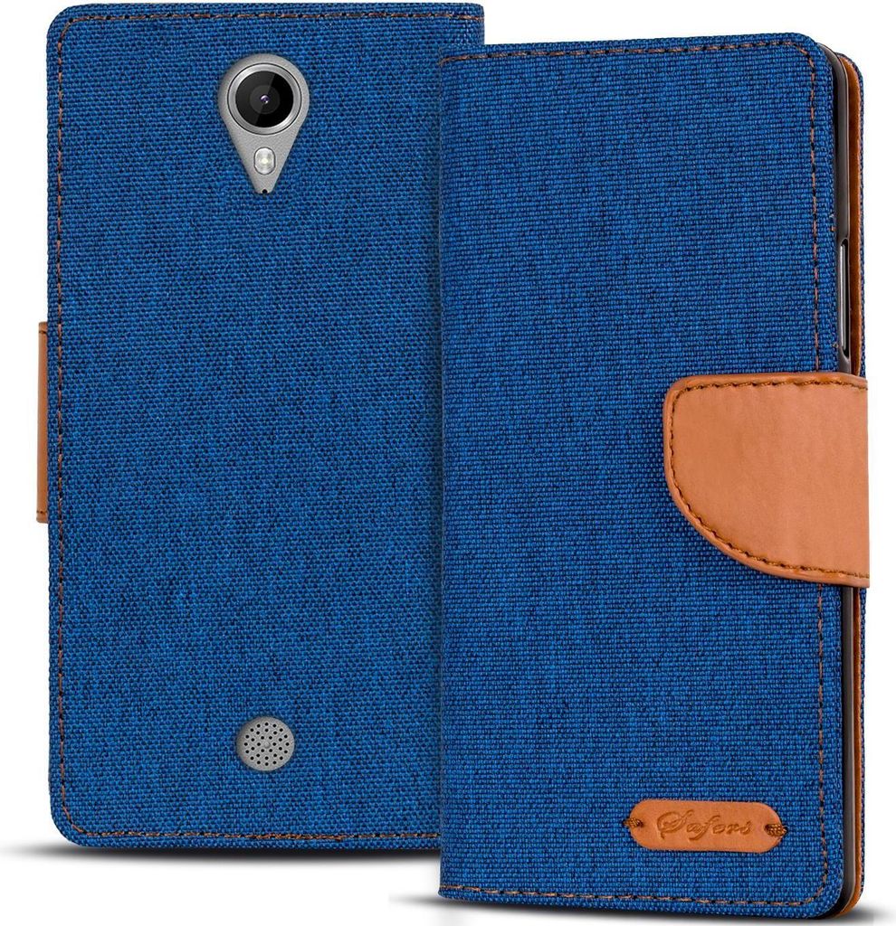 Conie Jeans Style Klapp Tasche für Wiko Tommy Kartenfach Hülle Rundumschutz in Blau