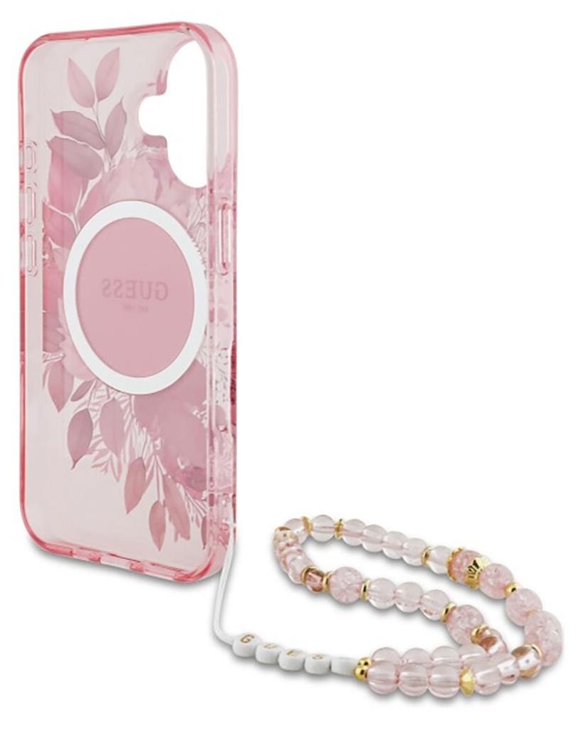 Guess IML Blumen mit Perlenband MagSafe - iPhone 16 Tasche (rosa)