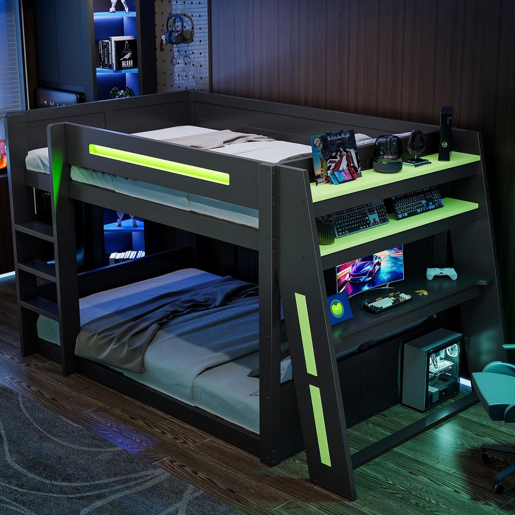 MODFU Etagenbett 140x200 Doppelbett Jugendbett mit LED-Beleuchtung und USB-Anschluss Holzbett mit Schreibtisch Bettgestell mit zwei Ablagefächern ...