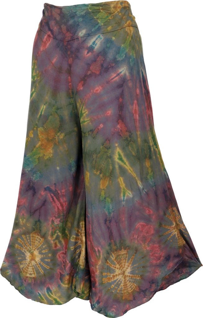 Batik Palazzohose, Hosenrock, Batikhose, Schlaghose, Hippie Goa Hose - Grau/bunt, Damen, Viskose, Hosen
