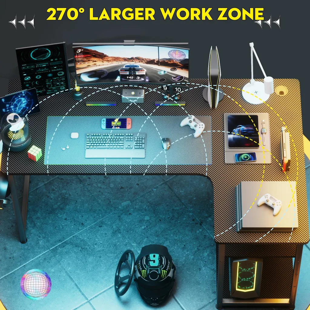 Table d'ordinateur en forme de L avec étagère Bureau Gaming 100cm