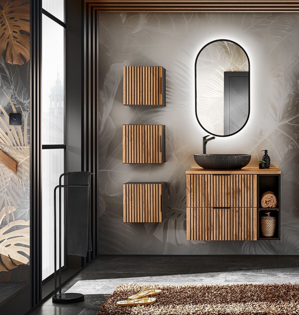 MONTIERT Design Badmöbel Set XILO 80 cm mit Waschbecken schwarz LED Soft-Close Waschtisch Spiegel 3xHängeschrank