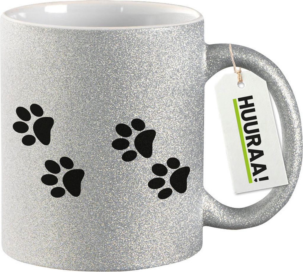 Huuraa Glitzertasse Fußtapsen Tapsen 330ml Silber Keramik Kaffeebecher Geschenkidee