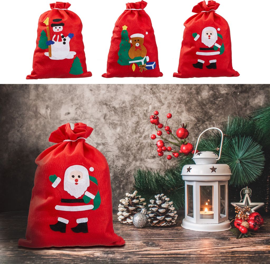 Geschenksack 3er Set 3 Motive 30x40cm Filz Santa Schneemann Bär Kordelzug Säckchen Stoffsack Beutel Geschenktasche