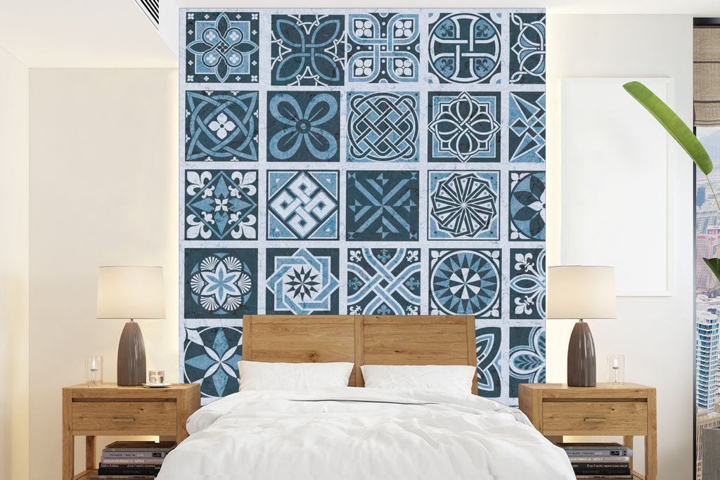 MuchoWow Fototapete für Wohnzimmer oder Schlafzimmer Wandtapete Vinyl Motivtapete Blumen - Blau - Muster - Figuren - 160x220 cm - Bildschirmhint...