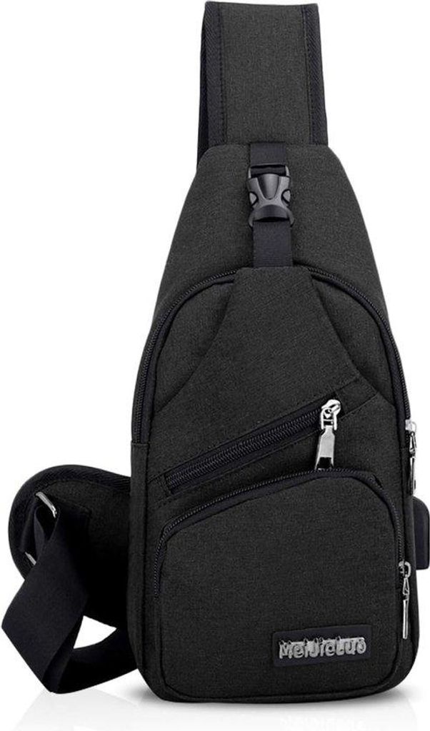 Schwarze Sporttasche mit USB und Sling Funktion für Wandern und Reisen