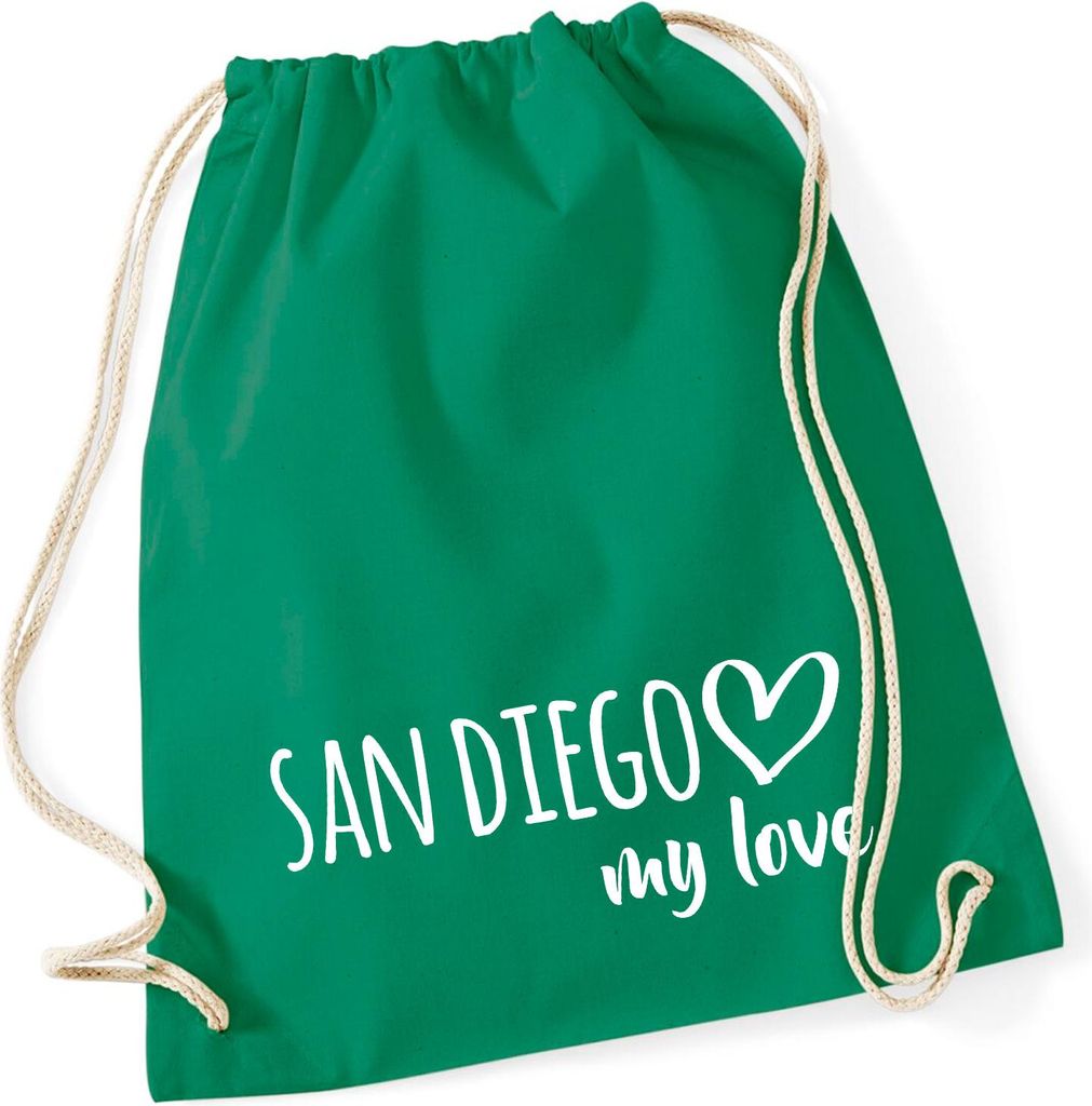 Huuraa Turnbeutel San Diego my love 12 Liter Kelly Green Baumwolle Rucksack Geschenkidee