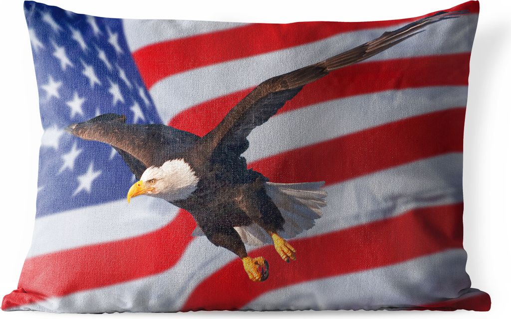 MuchoWow Outdoor Kissen - Amerikanischer Weißkopfseeadler vor der amerikanischen Flagge - 50x30 cm - Wetterfest - Lounge Kissen - Sofa kissen - ...