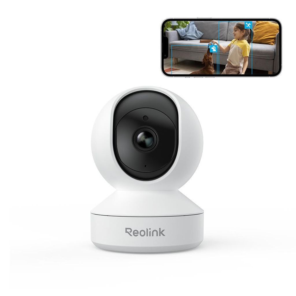 A white Reolink indoor security camera is shown in the foreground, with a smartphone displaying a live feed of a girl and a dog in the background.