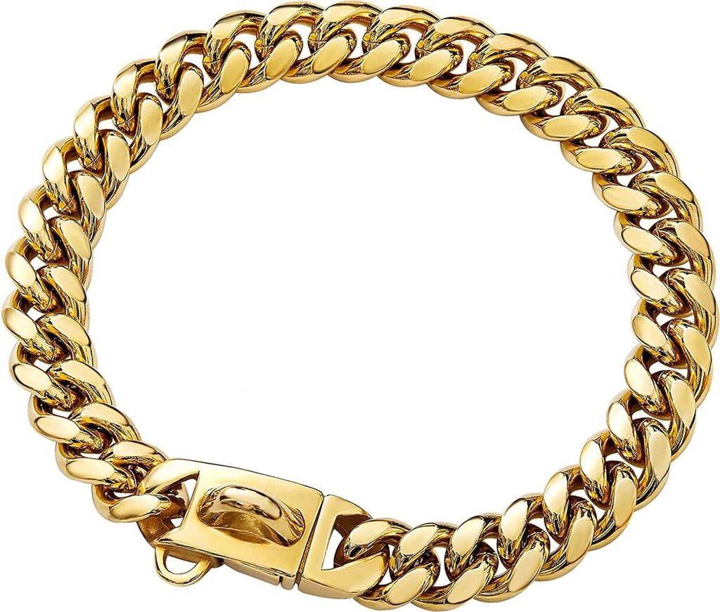 Goldenes Hundehalsband mit sicherer Schnalle und Ice-Out-Zirkonia-Steinen, 33 Karat Metall, Edelstahl, kubanische Gliederkette, 25,4 cm, Gold