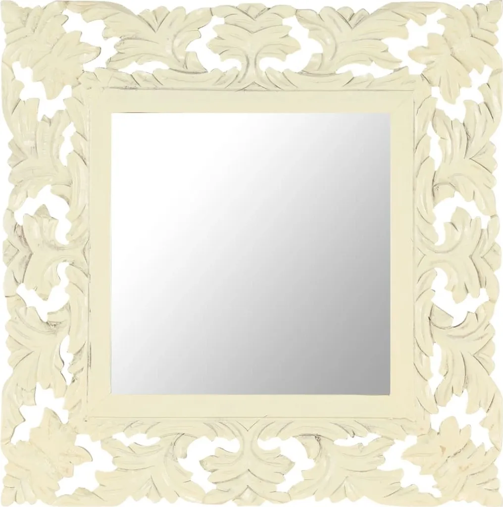 Specchio Parete Legno Mango Bianco 50x50 - Intaglio Artigianale Boho