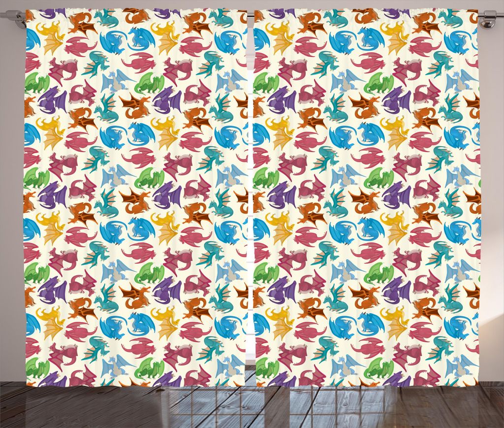 ABAKUHAUS Drachen Rustikaler Gardine, Kinder-Muster Farbige, Schlafzimmer Kräuselband Vorhang mit Schlaufen und Haken, 280 x 175 cm, Mehrfarbig