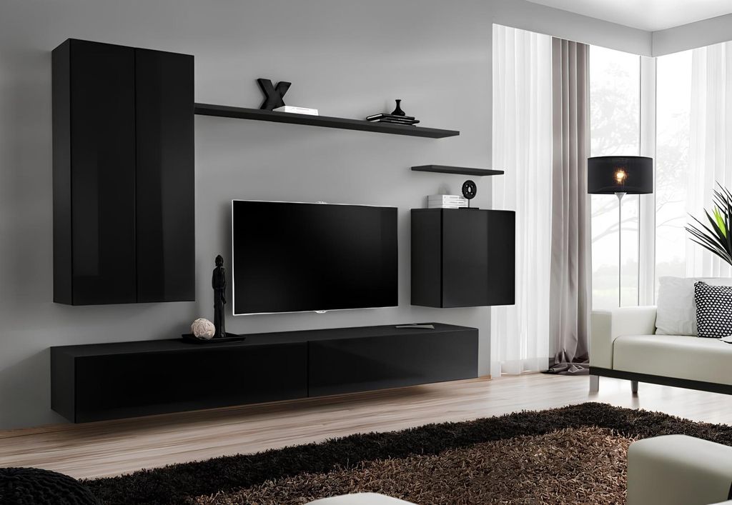 Schwarz Wohnwand Wohnzimmermöbel Design Luxus TV Ständer Neu Möbel