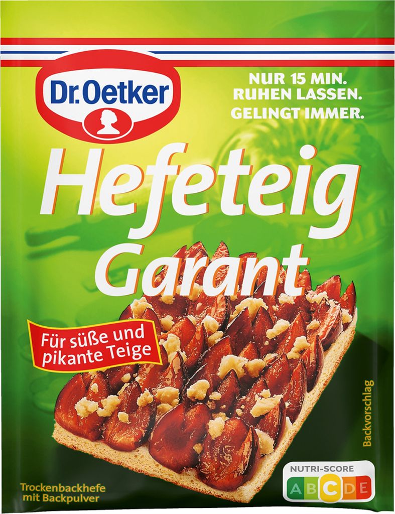 A package of Dr. Oetker Hefeteig Garant, showing a prepared dish.