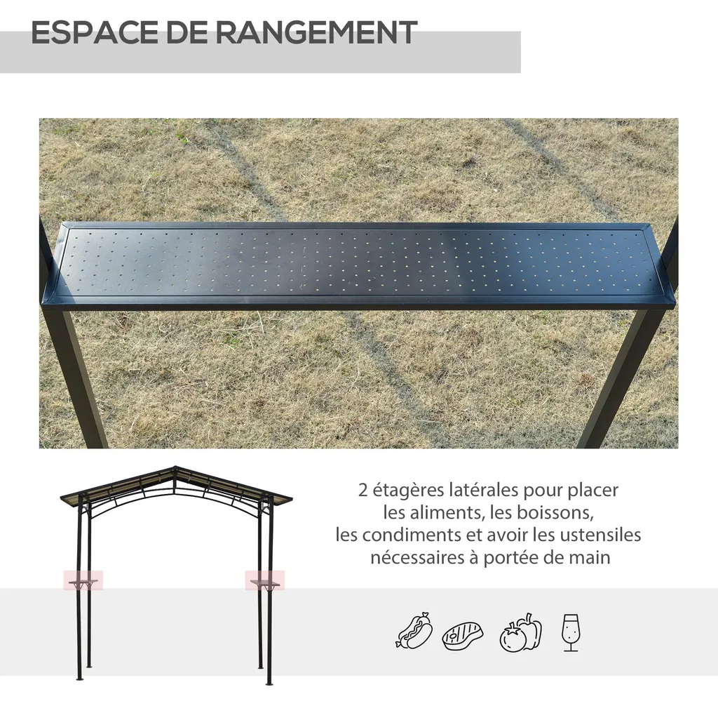 Abri de Barbecue en Métal avec Toit en Polycarbonate et 2 Étagères