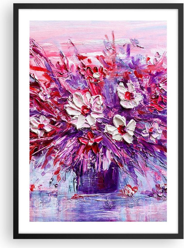 Gerahmtes Poster - Schwarzer Rahmen - Pastos Blumen Rosa - 50x70 cm - Wand Bild - Wanddeko - Wandbilder - Kunstposter - Wandposter - Bilderrahmen -...