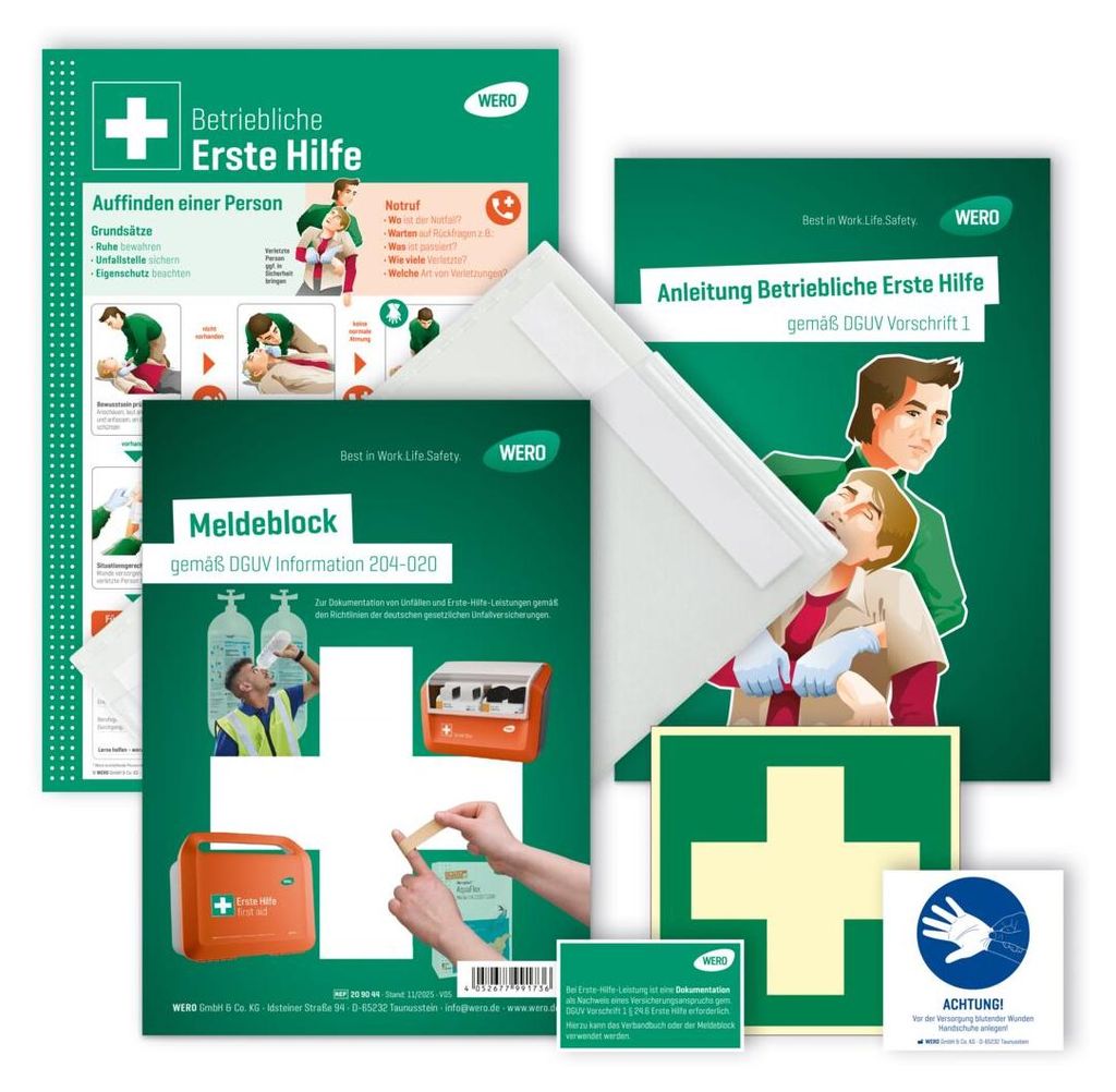WERO Erste-Hilfe-Set Basis-Set Verbandstelle für Betriebliche Erste Hilfe mit lang nachleuchtenden Rettungszeichen, inkl. Anleitungen & Meldeblock