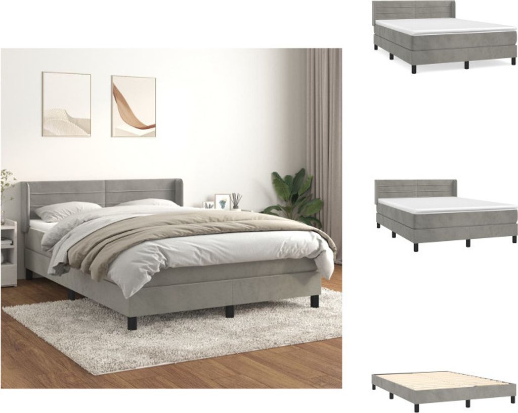 vidaXL Boxspringbett mit Matratze Hellgrau 140x200 cm Samt - Betten & Bettgestelle