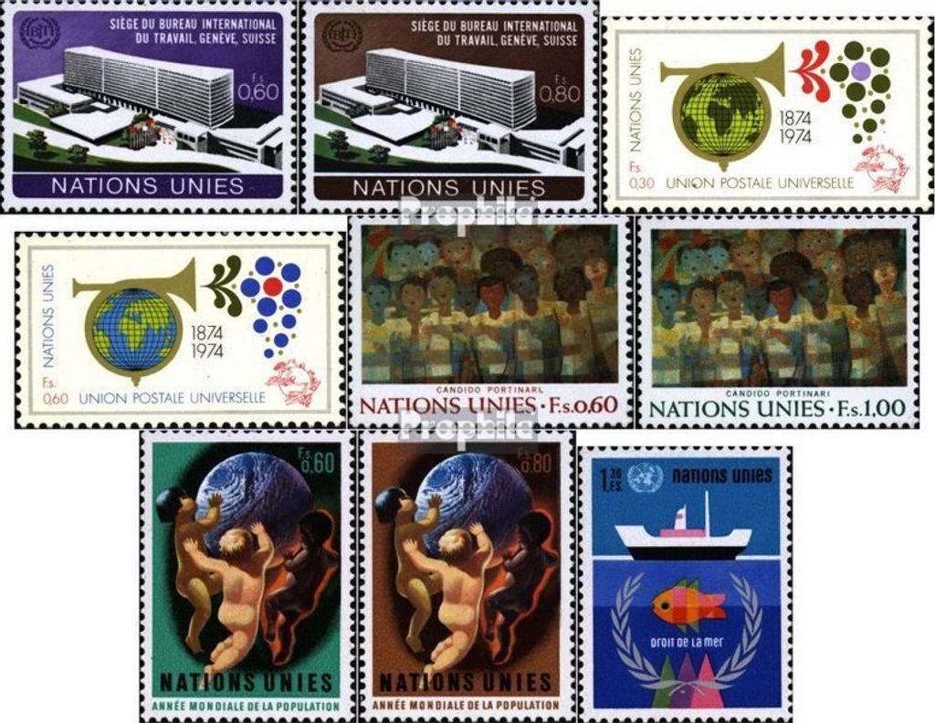 Briefmarken UNO - Genf 1974 Mi 37-45 (kompl.Ausg.) Jahrgang 1974 komplett gestempelt IAO