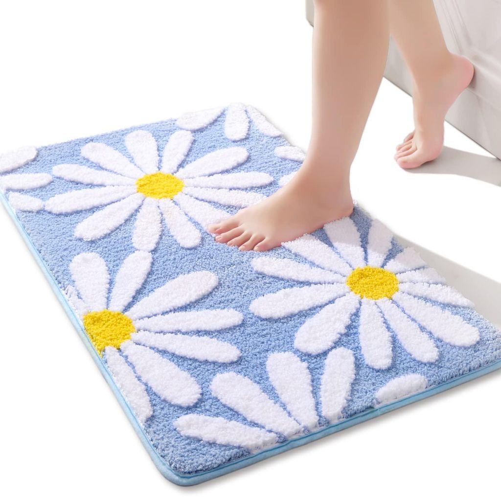 Blaue Badematte, niedliche Badematte mit Gänseblümchenmuster, rutschfest, waschbar, Badematte mit weißen und gelben Blumen, weiche Duschmatte, s...