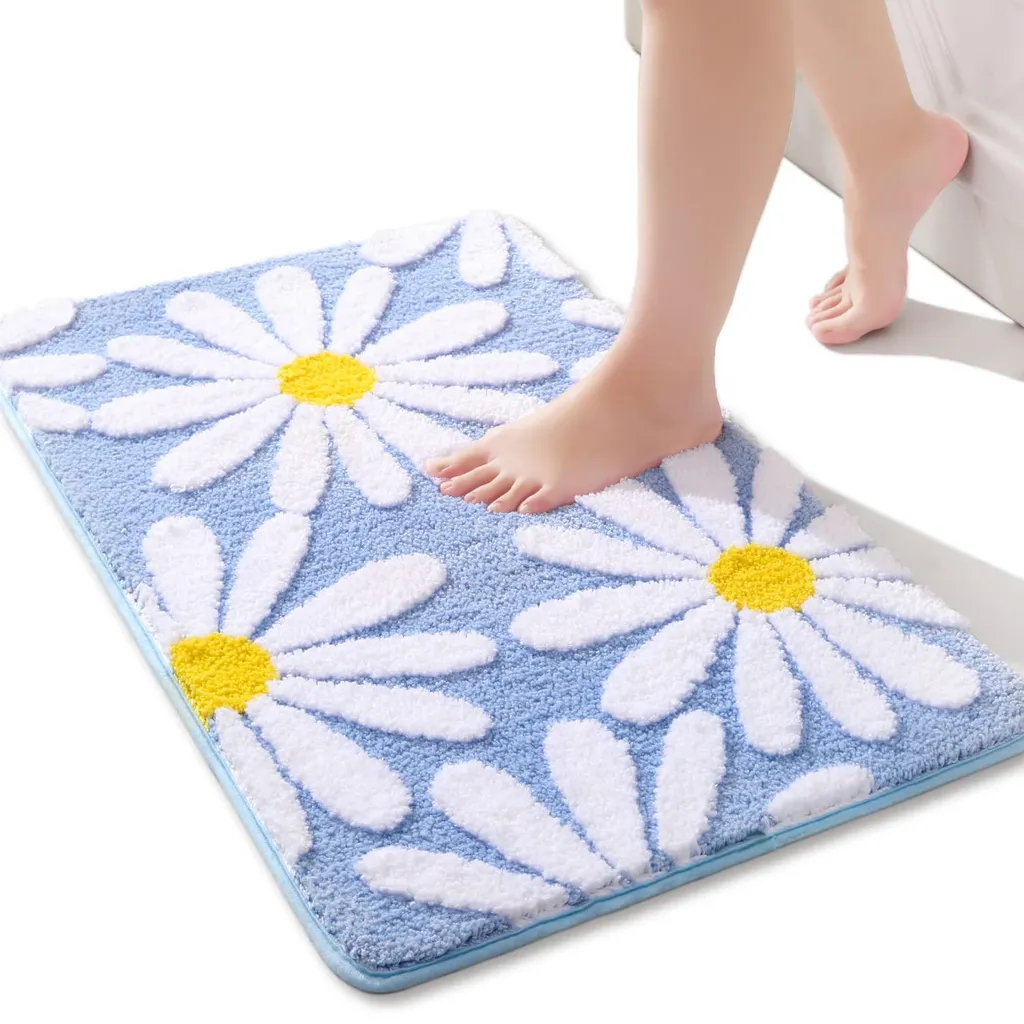 Tapis Douche à Fleurs Marguerites 40 x 60 cm - Bleu Absorbant