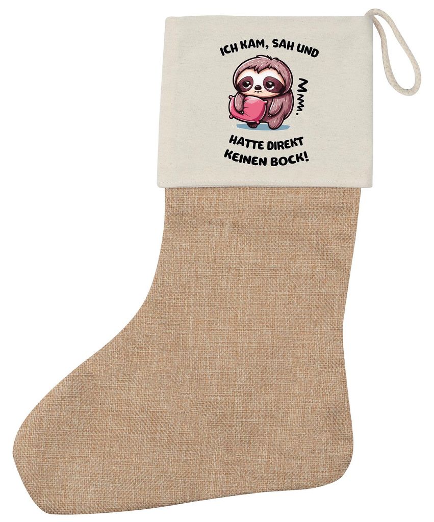Huuraa Weihnachtsstrumpf Kam sah und direkt keinen Bock Faultier Beige Jute Kaminstrumpf Geschenkidee