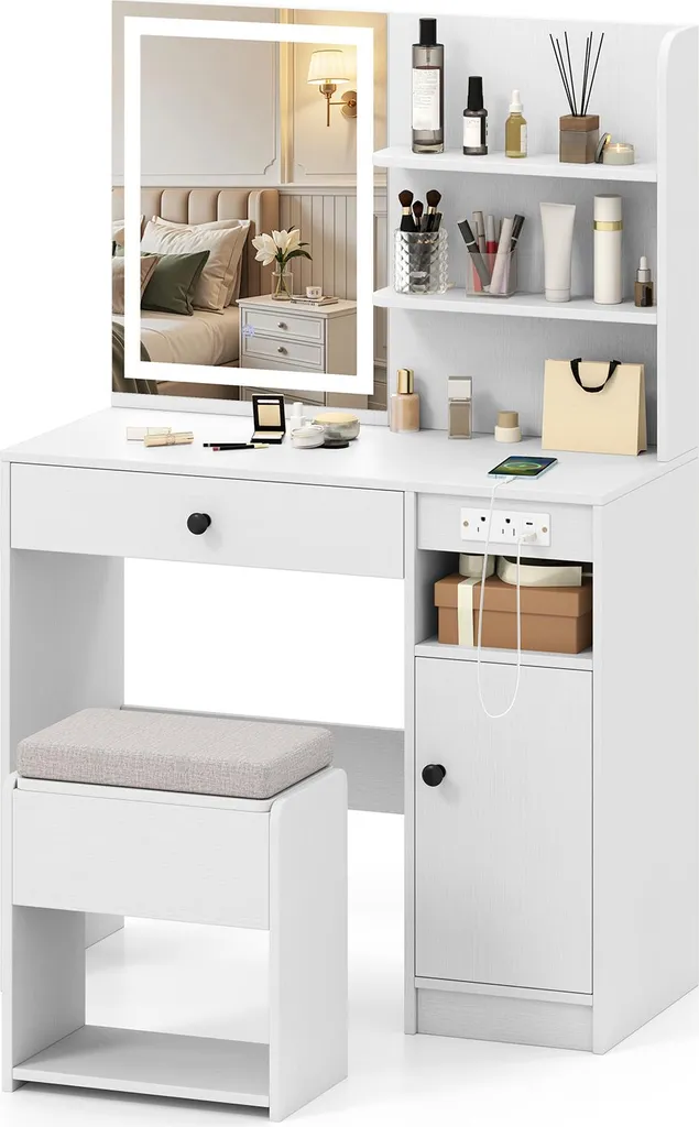 Coiffeuse avec miroir et éclairage LED 3 modes avec tabouret rembourré