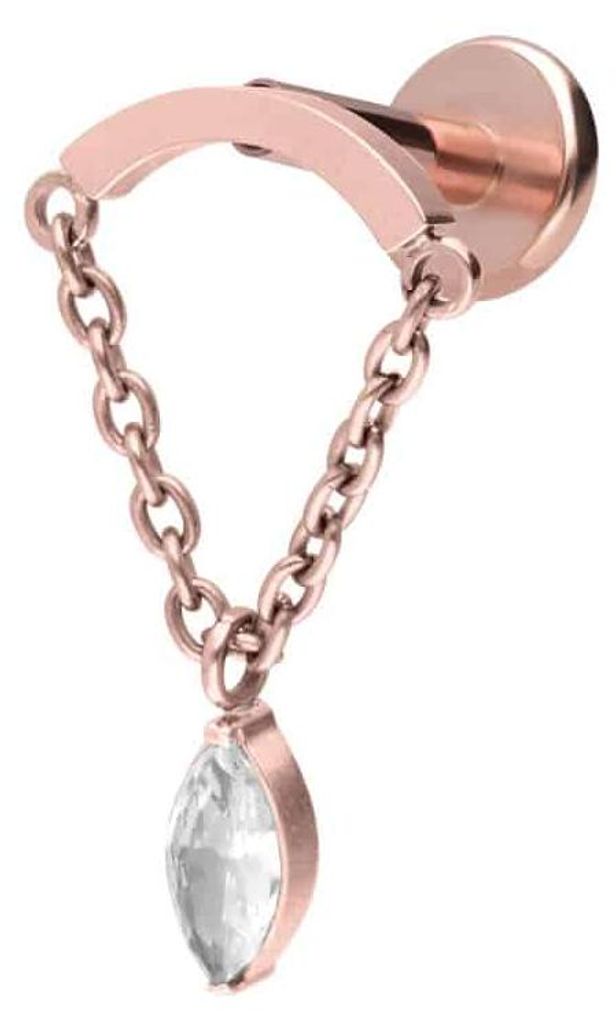 Ohrpiercing, Nasenpiercing Titan Labret mit Innengewinde BOGEN + KETTE + KRISTALLTROPFEN RoséGold Stablänge: 10mm | Stabstärke: 1,6mm | Discgrö...