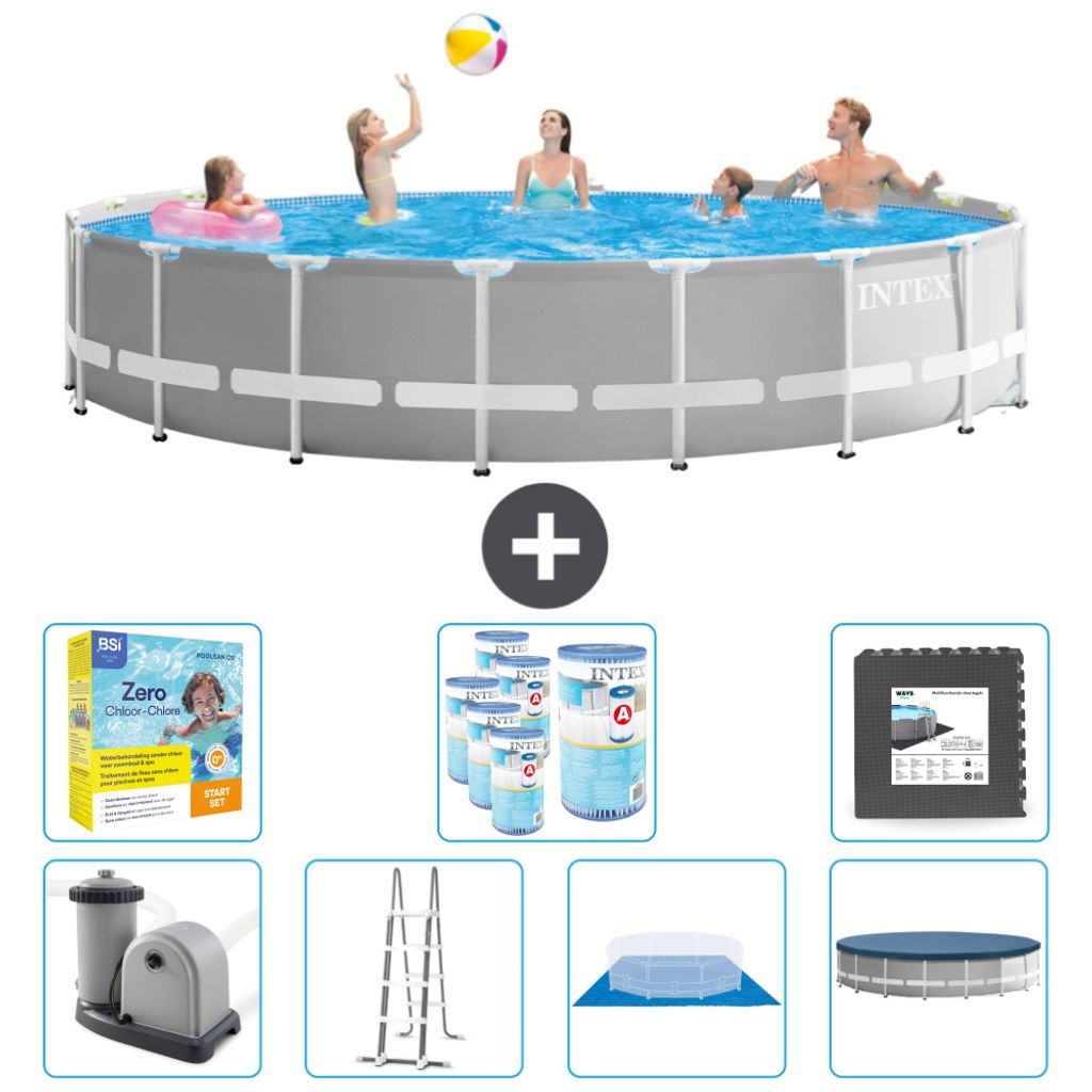 Intex Round Prism Frame Swimming Pool – 548 x 122 cm – Grau – inklusive Pumpe – Leiter – Bodenplane – Abdeckung Wartungspaket - Filter ...