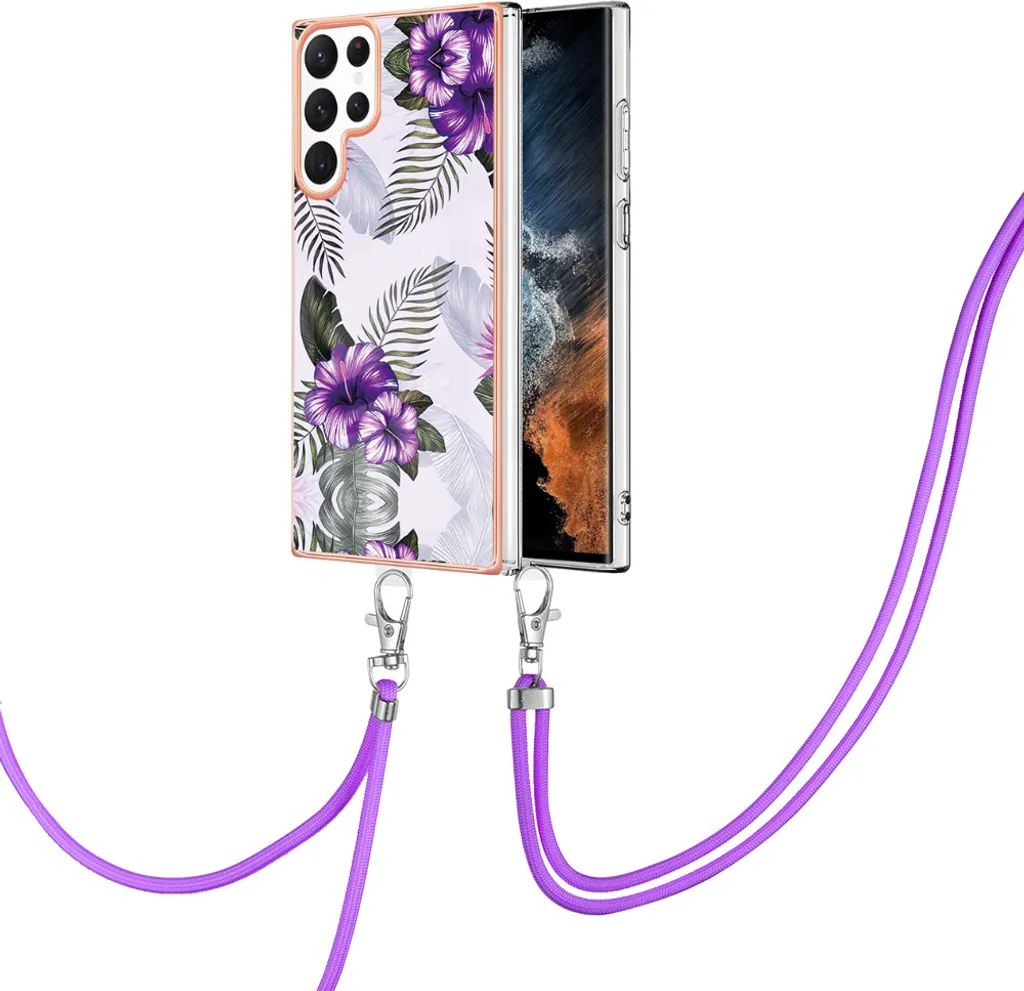 Custodia con cinturino per Samsung Galaxy S22 Ultra 5G, custodia in TPU a fantasia con cinturino regolabile Viola