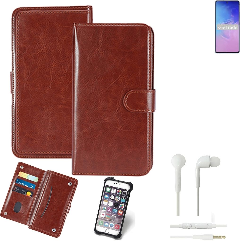 K-S-Trade 360° Hülle kompatibel mit Samsung Galaxy Note 10 Lite inkl. Headphones braun Kunstleder Case BookCase WalletCase Kunstlederederhülle