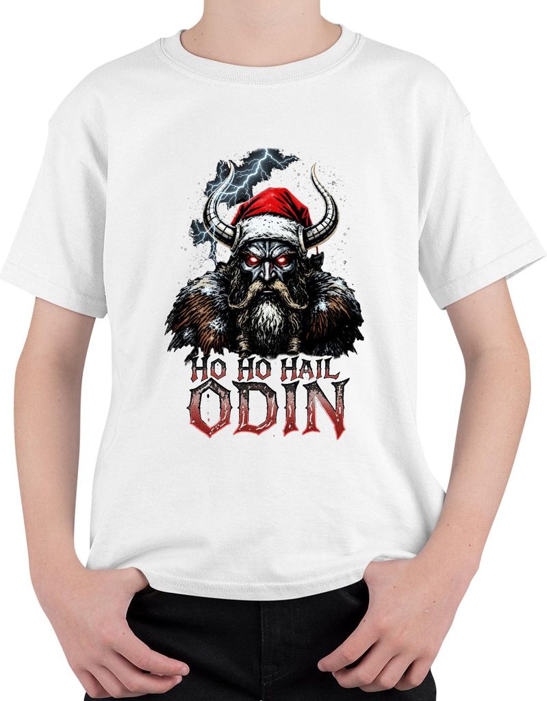 Ho Ho Hail Odin Wikinger Santa Hörner Bart Rote Augen Norse Metal Uni Kinder T-Shirt, Weiß, 128