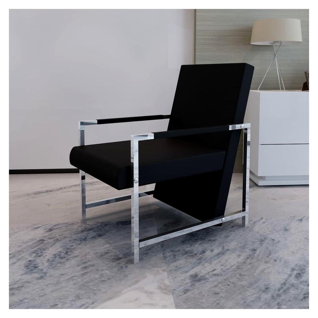 Sessel für Wohnzimmer und Schlafzimmer, modernes Einzelsofa, Loungesessel, Relaxsessel, Polstersessel mit verchromten Füßen, Schwarz, Kunstleder