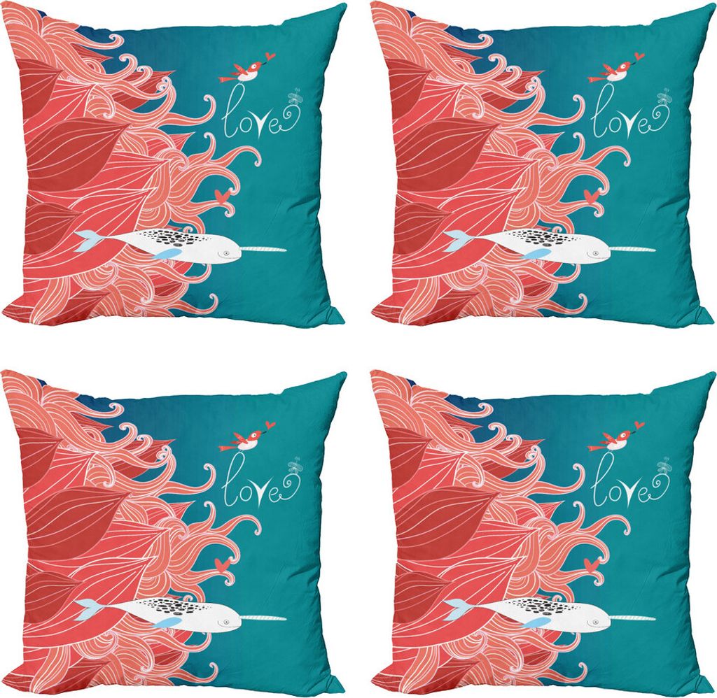 ABAKUHAUS Narwal Kissenbezug Set (4 Stück), Arctic Whale und Vogel, Moderner Doppelseitiger Digitaldruck, 45 cm x 45 cm, Teal Coral Weiß