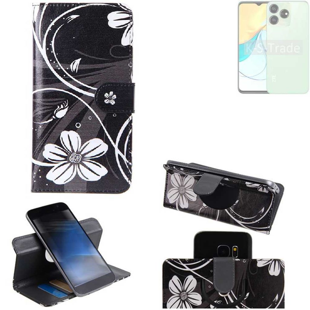 K-S-Trade Schutzhülle Handyhülle kompatibel mit ZTE Blade V50 Design 4G Hülle 360° Wallet Case “Flowers“ Klapphülle Hülle schwarz-weiß 1x