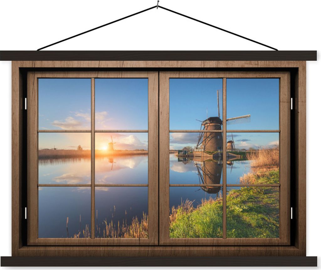 MuchoWow Textilposter Aussicht - Mühle - Sonnenuntergang 150x100 cm mit schwarzem Rahmen - Schlafzimmer