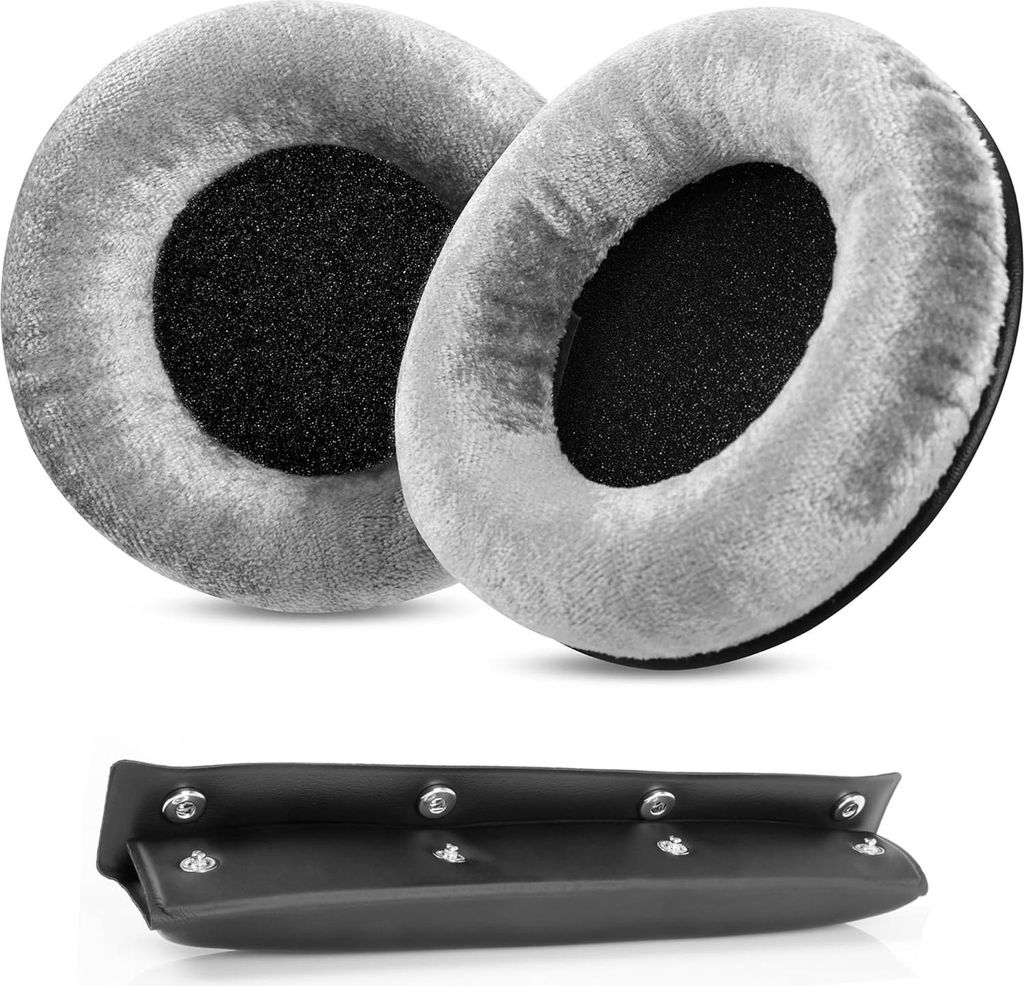Two grey ear pads and a black headband cushion are displayed against a white background.