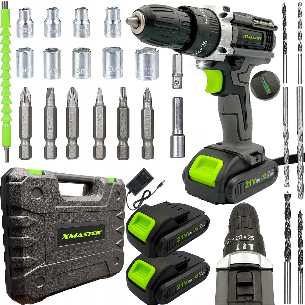 XMaster 3 in 1 Akku-Schlagbohrschrauber, 21V Akkuschrauber, Akku Bohrschrauber Set, Schlagbohrmaschine, mit 2x 2000Ah Akkus, Koffer und viel Zubehör