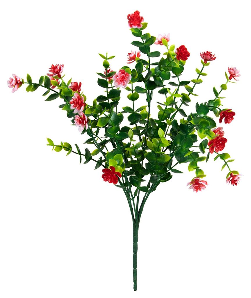 Künstliche Kamelienblüte mit Eukalyptusblättern, 7-zackig, UV-beständig, für drinnen und draußen, Hochzeits- und Partydekoration